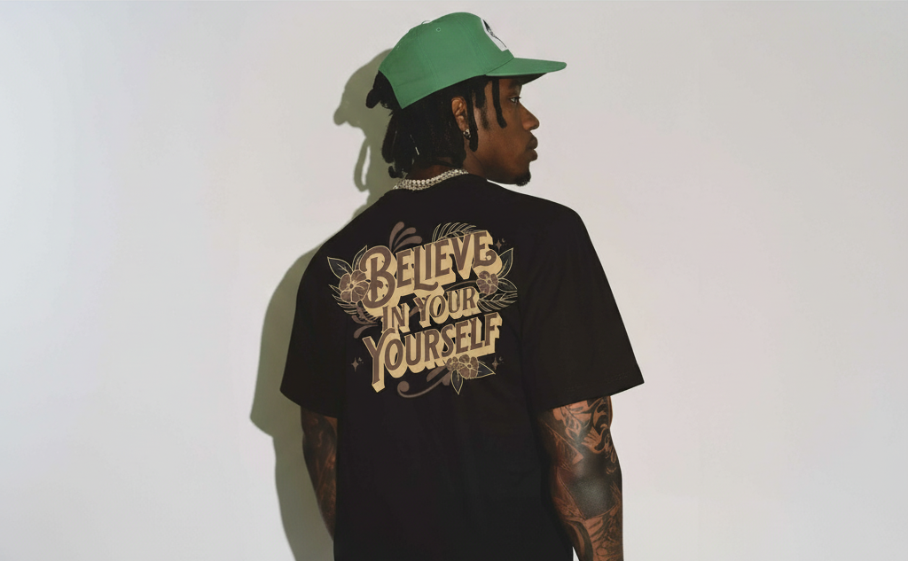 Centered banner image - model wearing BELIEVE IN YOURSELF sweatshirt